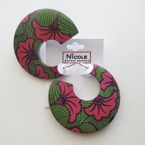Pink and Green Open Hoop Wood  Earrings